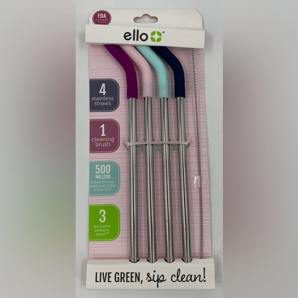 ELLO Set of 4 Reusable Stainless Steel Straws with Silicone Tip & Brush New MISP